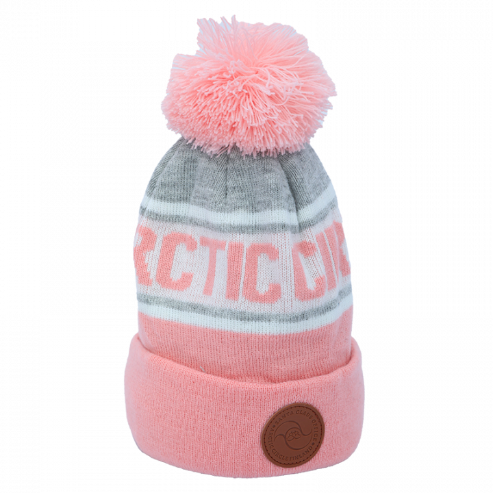 light pink-white-grey Arctic Circle beanie with leather logo.