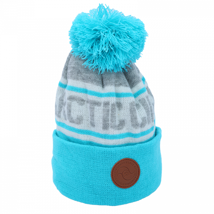turquoise-white-grey Arctic Circle beanie with leather logo.