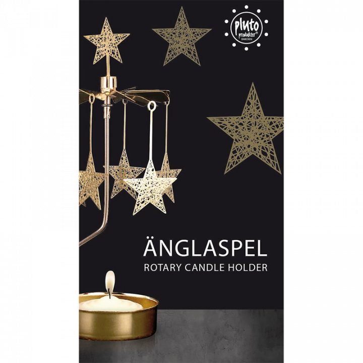 Rotary candle holder creates a cozy atmosphere and perfect as an interior detail. Just light the candle and watch the little metal star figures rotate. Candle holder is gold-coloured and comes in a box. 1 tealight candle is included. Height approx.17cm.