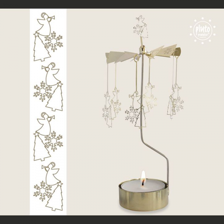 Rotary Candle Holder is beautiful decoration and perfect gift idea. Just light the candle and watch the little metal christmas figures rotate. Candle holder is gold-coloured and comes in a box. 1 tealight candle is included. Height approx.26cm.