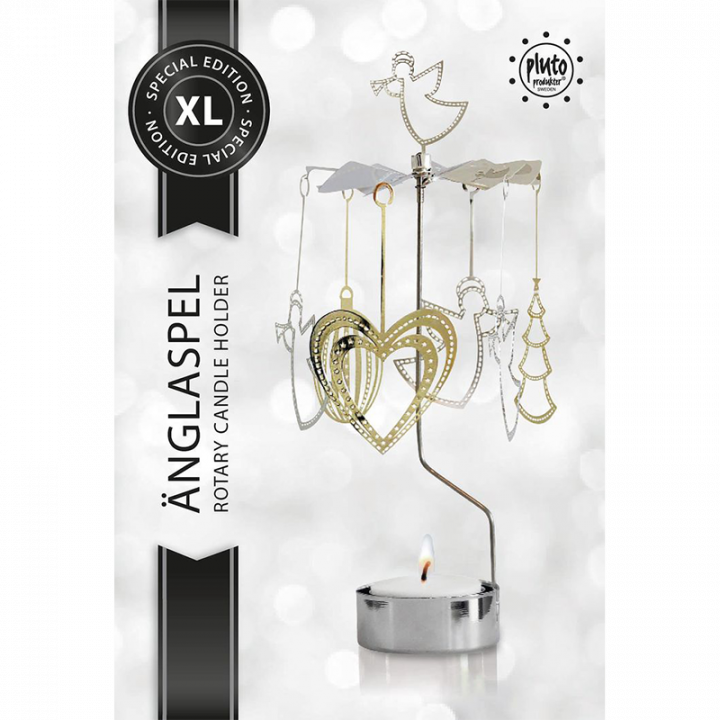Rotary Candle Holder is beautiful decoration and perfect gift idea. Just light the candle and watch the little metal christmas decoration figures rotate. Candle holder is gold- and silver-coloured and comes in a box. 1 tealight candle is included. Height approx.26cm.