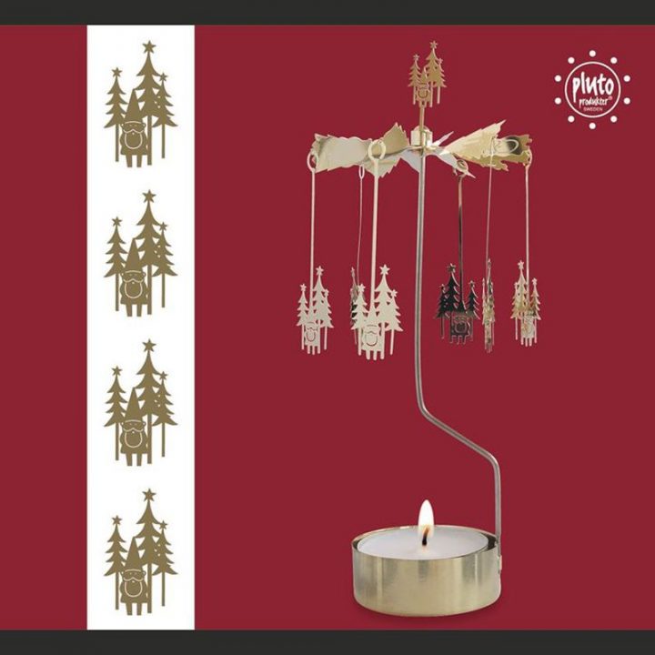Rotary Candle Holder is beautiful decoration and perfect gift idea. Just light the candle and watch the little metal santas figures rotate. Candle holder is gold-coloured and comes in a box. 1 tealight candle is included. Height approx.26cm.