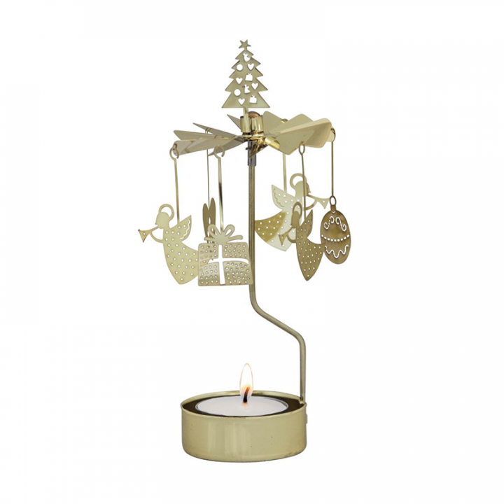 Rotary candle holder creates a cozy atmosphere and perfect as an interior detail. Just light the candle and watch the little metal christmas decoration figures rotate. Candle holder is gold-coloured and comes in a box. 1 tealight candle is included. Height approx.17cm.