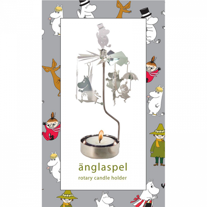 Rotary candle holder creates a cozy atmosphere and perfect as an interior detail. Just light the candle and watch the little metal moomin figures rotate. Candle holder is silver-coloured and comes in a box. 1 tealight candle is included. Height approx.17cm.