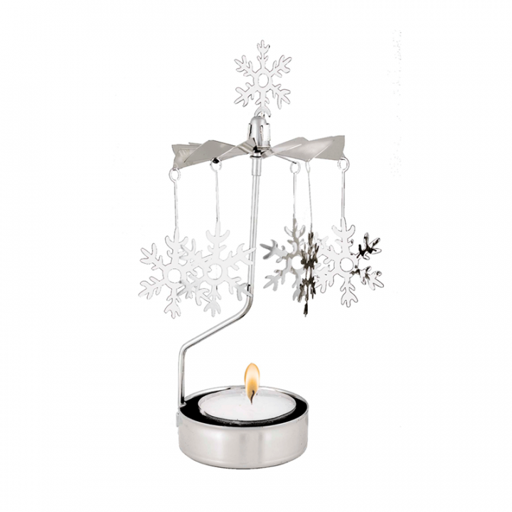 Rotary candle holder creates a cozy atmosphere and perfect as an interior detail. Just light the candle and watch the little metal snowflakes figures rotate. Candle holder is silver-coloured and comes in a box. 1 tealight candle is included. Height approx.17cm.
