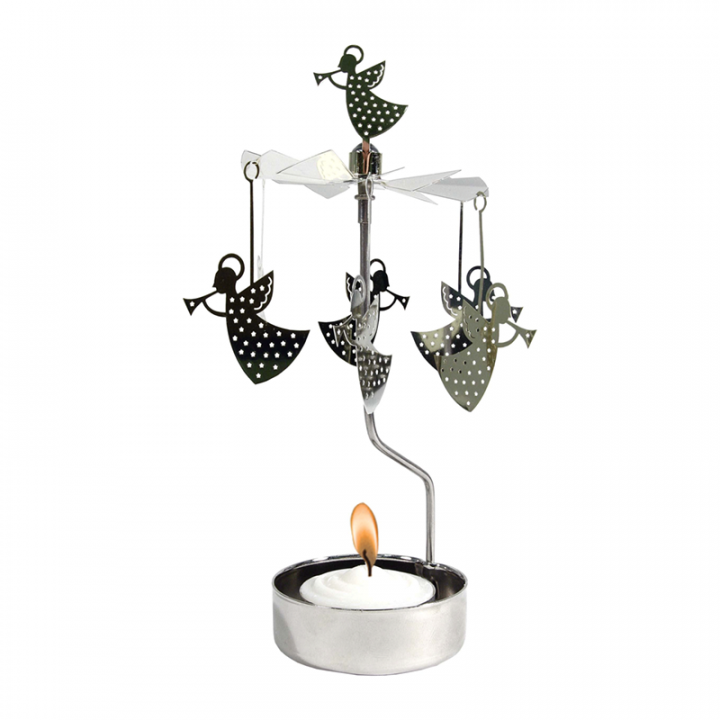 Rotary candle holder creates a cozy atmosphere and perfect as an interior detail. Just light the candle and watch the little metal angels figures rotate. Candle holder is silver-coloured and comes in a box. 1 tealight candle is included. Height approx.17cm.