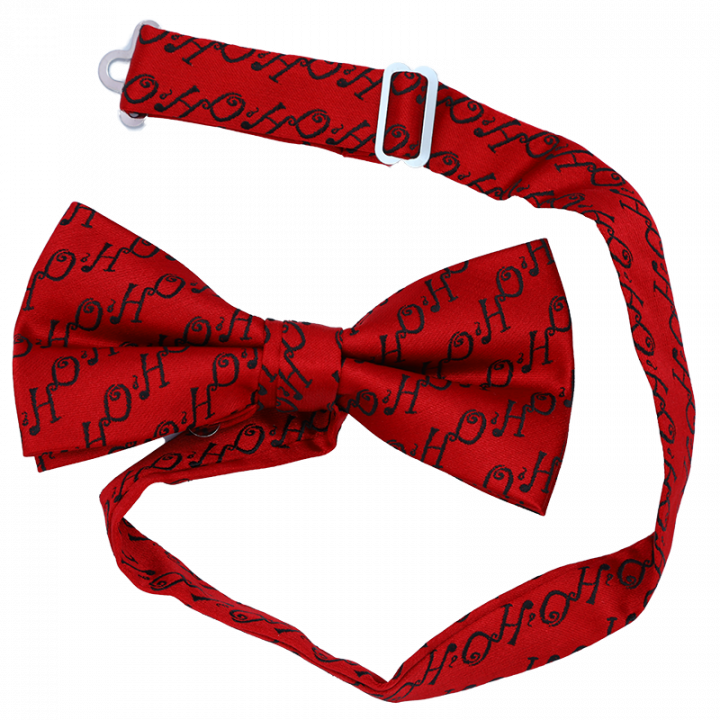 Red Christmas bow tie with blue Ho Ho Ho text.