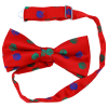 Red Christmas bow tie with blue and green christmas ornaments.