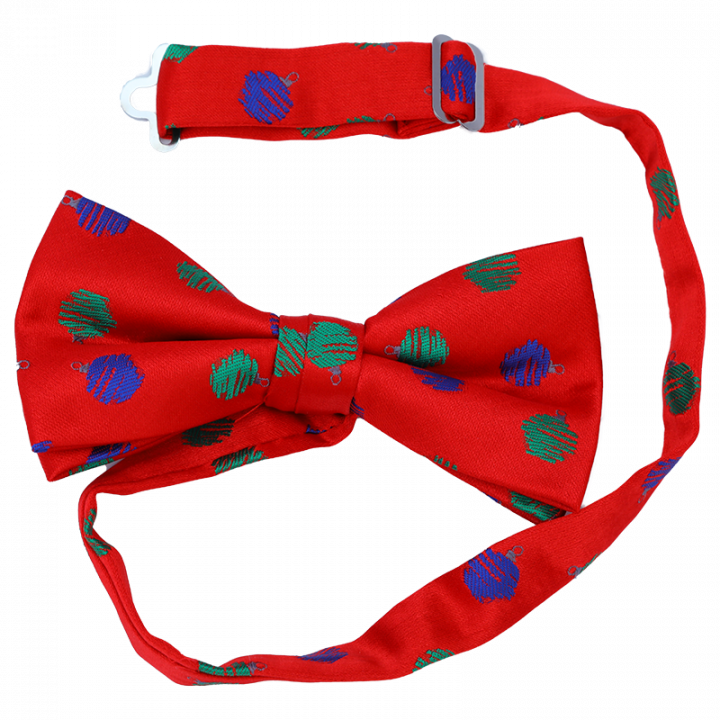Red Christmas bow tie with blue and green christmas ornaments.
