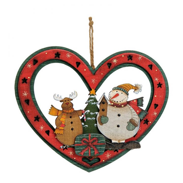 Wooden Heart Decoration, Snowman and Reindeer.