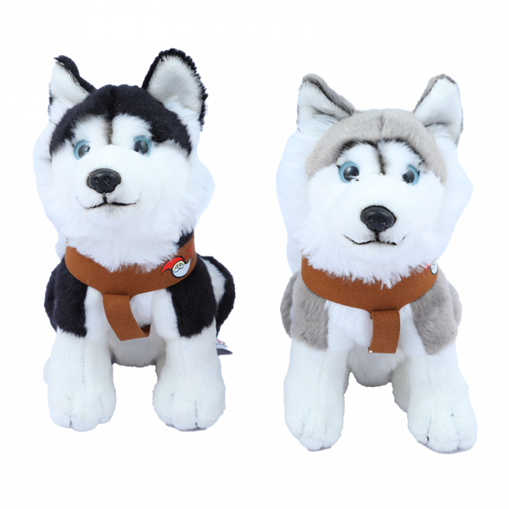 Sitting Husky Cuddly Toy, Black and Grey.