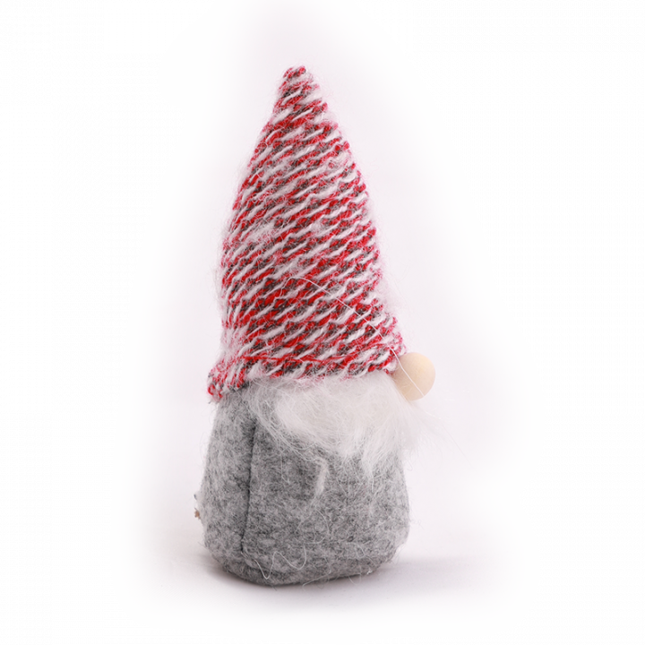 Elf Decoration, red-grey-white hat from side.