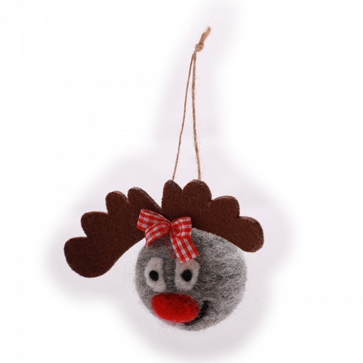 Felted Reindeer Ball Tree Decoration, front.